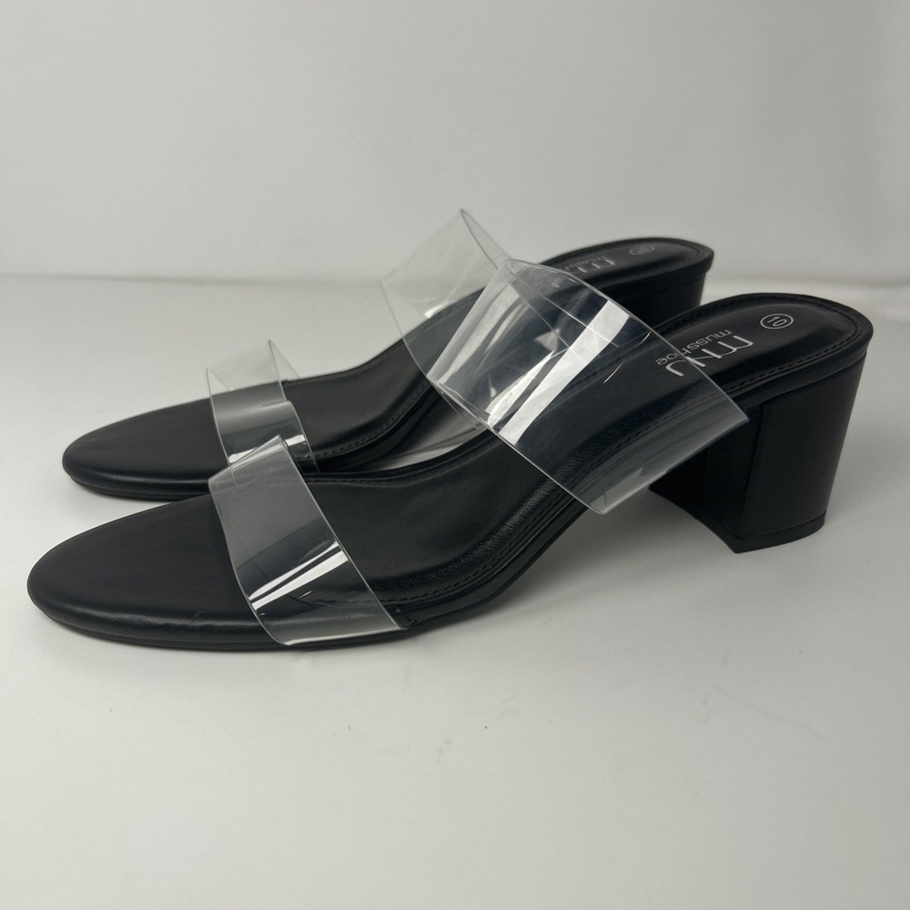 MUSSHOE Clear‎ Two Strap Block Heel Sandals Black Women's Size 10 NWB